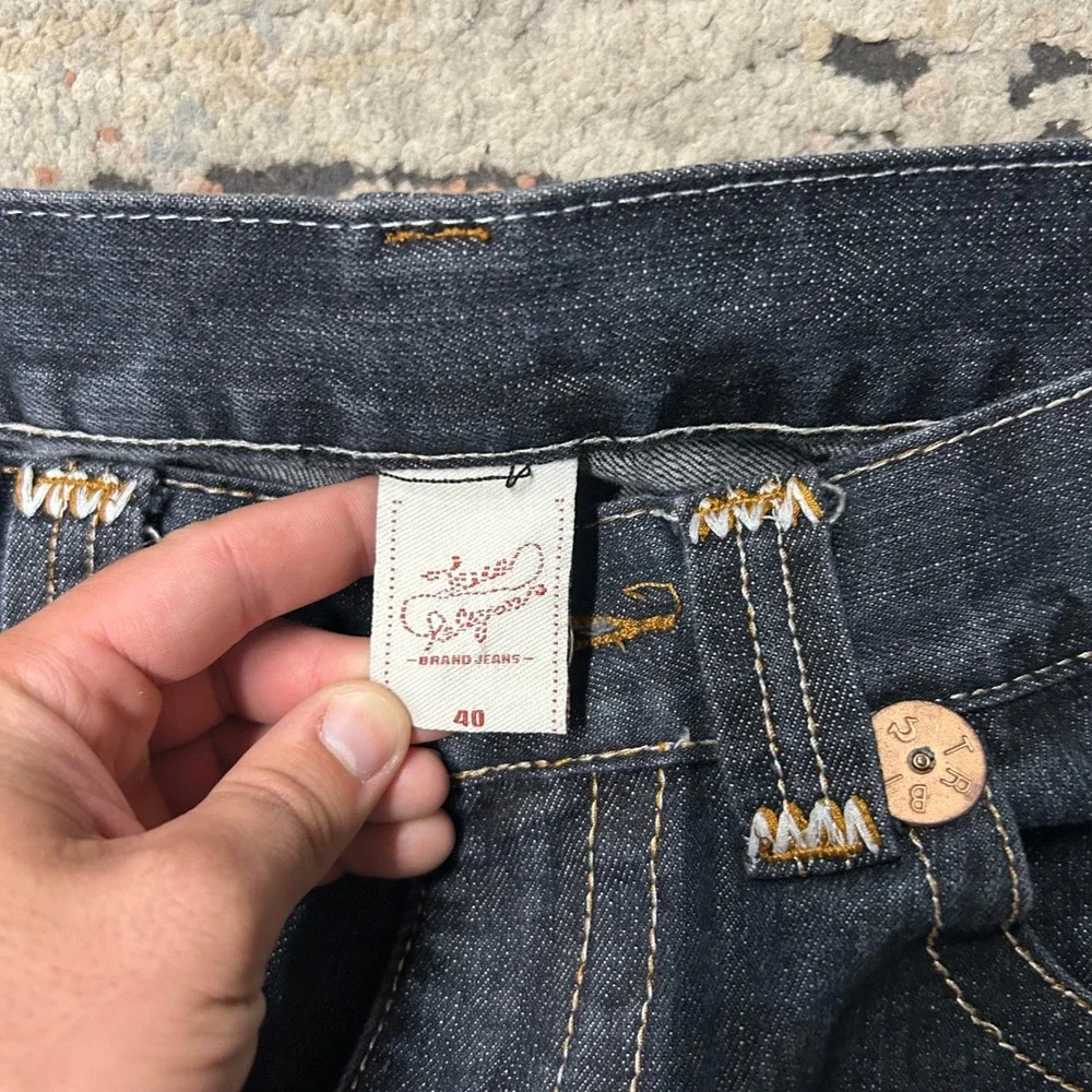 True Religion Joey Super T Jeans Men 40x30 Dark Blue Wide Leg Baggy White Stitch